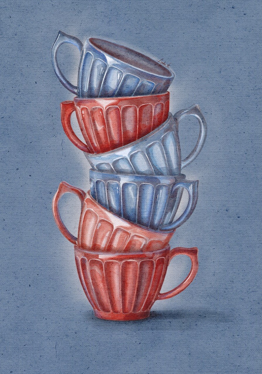 Stacked Teacups - Watercolor Illustration